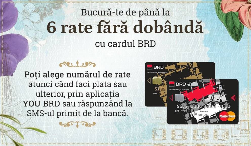 Cu cardul de credit BRD ai până la 8 rate fără dobândă la achiziții de peste 200 de lei: Poți alege numărul de rate atunci când faci plata sau ulterior, prin aplicația YOU BRD sau răspunzând la SMS-ul primit de la bancă.