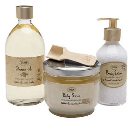SABON’s Body Ritual products in Patchouli Lavender Vanilla scent