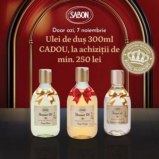 Sărbătorește Sfinții Mihail și Gavril cu un cadou special de la SABON! 🎁✨  Pe 7 noiembrie, membrii Royal Passport primesc un 𝐮𝐥𝐞𝐢 𝐝𝐞 𝐝𝐮𝐬 𝐝𝐞 𝟑𝟎𝟎 𝐦𝐥, la alegere, 𝐂𝐀𝐃𝐎𝐔 la cumpărături de minimum 250 lei, atât online, cât și în magazinele noastre.   Este momentul perfect să transformi gestul de a dărui într-o experiență senzorială unică, fie că aduci o bucurie celor dragi, fie că îți oferi ție un răsfăț subtil, de sărbătoare.  Grăbește-te, oferta este valabilă doar o zi! 🌸