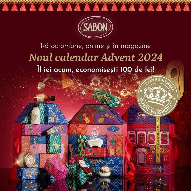 🎄 Te gândești deja la sărbători?  𝐂𝐚𝐥𝐞𝐧𝐝𝐚𝐫𝐮𝐥 𝐀𝐝𝐯𝐞𝐧𝐭 𝟐𝟎𝟐𝟒 𝐒𝐚𝐛𝐨𝐧 este acum disponibil în exclusivitate pentru membrii Royal Passport, pentru o perioadă limitată!  Între 1-6 octombrie, 𝐦𝐞𝐦𝐛𝐫𝐢𝐢 𝐑𝐨𝐲𝐚𝐥 𝐏𝐚𝐬𝐬𝐩𝐨𝐫𝐭 se bucură de un preț special pentru cel mai îndrăgit cadou de sărbători ✨: doar 499 în loc de 599 lei.  Descoperă oferta online sau în magazinele fizice Sabon. Te așteptăm! 🌟