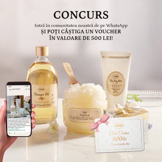 CONCURS SABON – O invitație la răsfăț 🎁 Intră în 𝐜𝐨𝐦𝐮𝐧𝐢𝐭𝐚𝐭𝐞𝐚 𝐒𝐚𝐛𝐨𝐧 𝐝𝐞 𝐩𝐞 𝐖𝐡𝐚𝐭𝐬𝐀𝐩𝐩 și descoperă o lume de oferte și noutăți menite să-ți completeze ritualul de îngrijire! În plus, ai șansa de a câștiga un voucher de 500 lei pentru cumpărături pe www.sabon.ro  Cum participi? ✨ Accesează canalul de WhatsApp, link disponibil în secțiunea din BIO: https://bit.ly/whatsapp_sab 👆 Apasă pe clopoțelul din colțul din dreapta sus, pentru a primi notificările de la noi ❤️ Lasă-ne un comentariu prin care ne spui că te-ai alăturat grupului.   Concursul este valabil în perioada 11 - 17 noiembrie și vom alege câștigătorul cu ajutorul unui program de extragere aleatoriu.   Consultă regulamentul IN BIO.